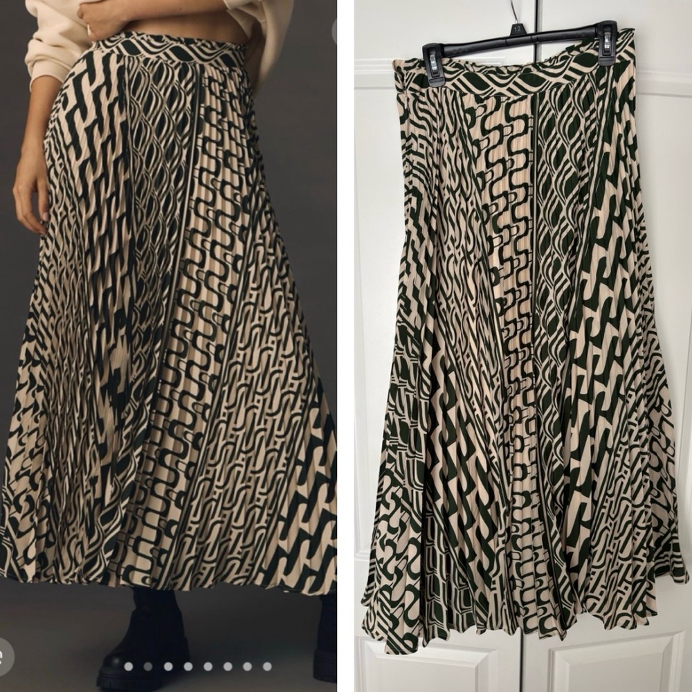 Anthropologie Isobel Pleated Maxi Skirt (Green/Cream)